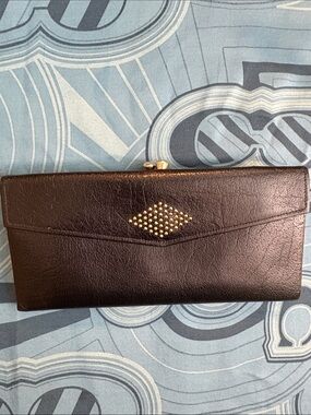 Princess Gardner Vintage Black Leather Wallet with Gold Stud Accent